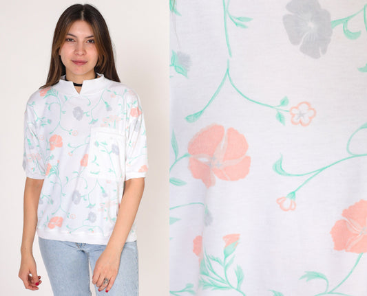 90s Floral White Shirt Chest Pocket Notched Neck Tee Small S
