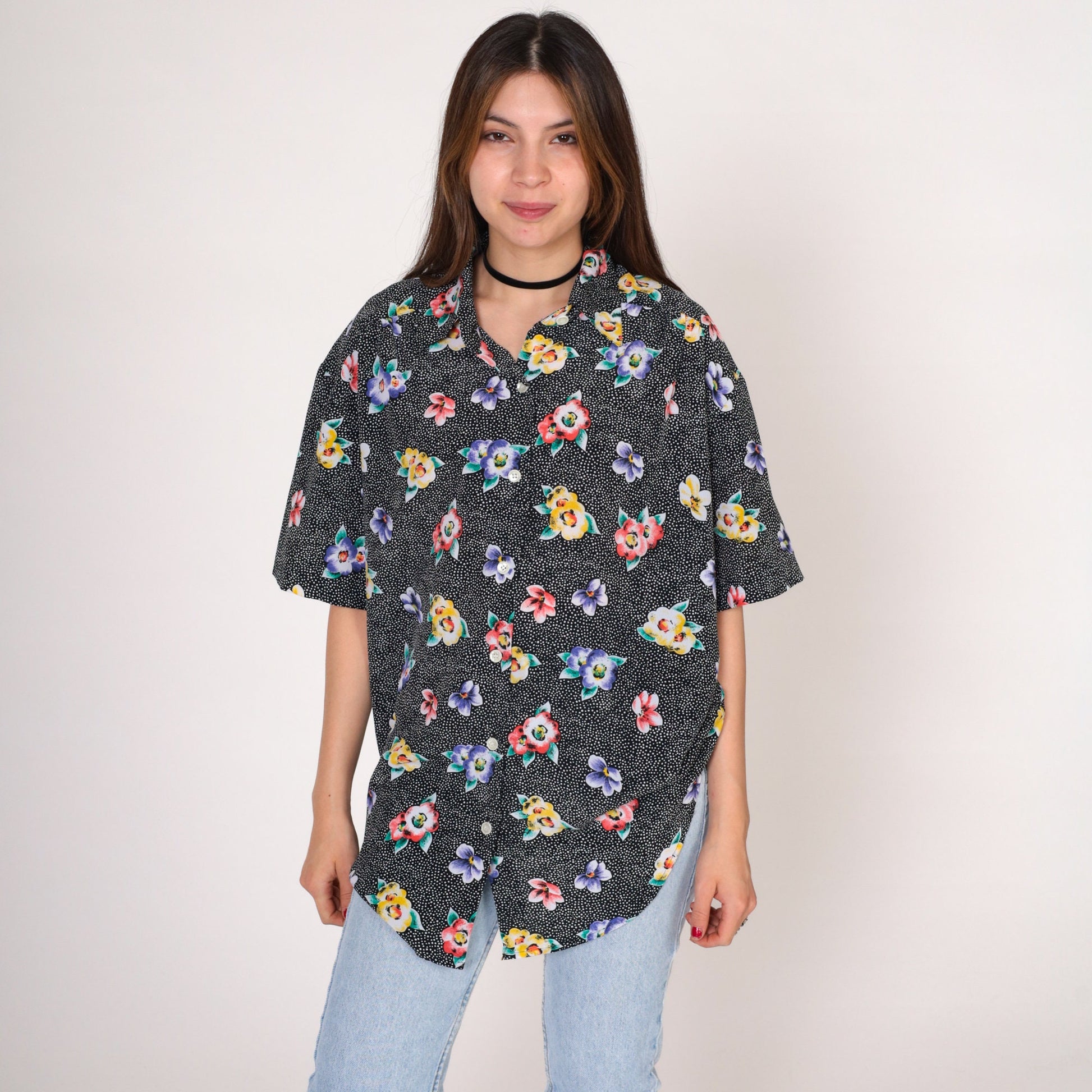 90s The Villager Polka Dot Floral Button-Up Blouse Black Short Sleeve Small