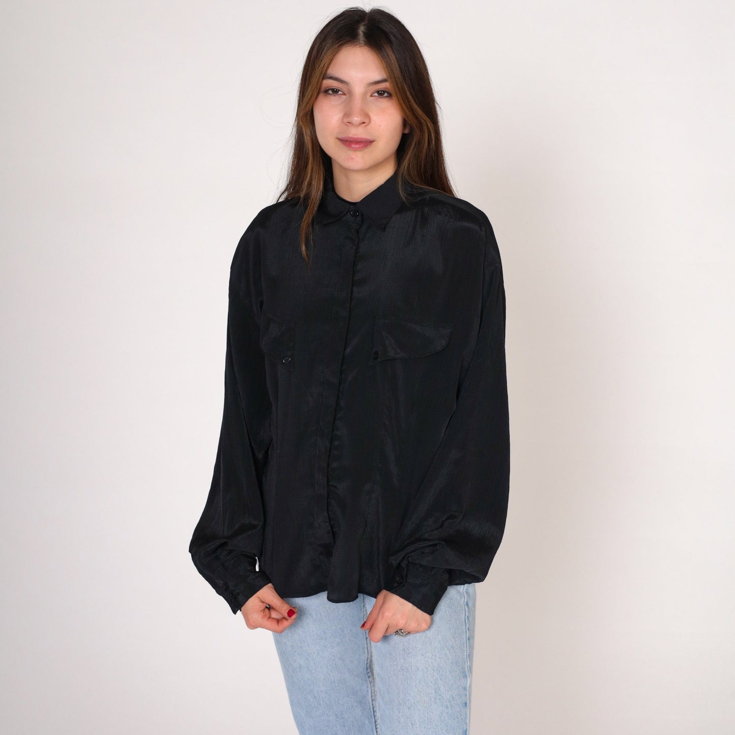 90s Forenza Black Button-Up Blouse Shiny Striped Long Sleeve Collared Medium