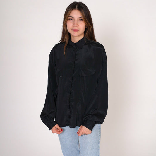 90s Forenza Black Button-Up Blouse Shiny Striped Long Sleeve Collared Medium