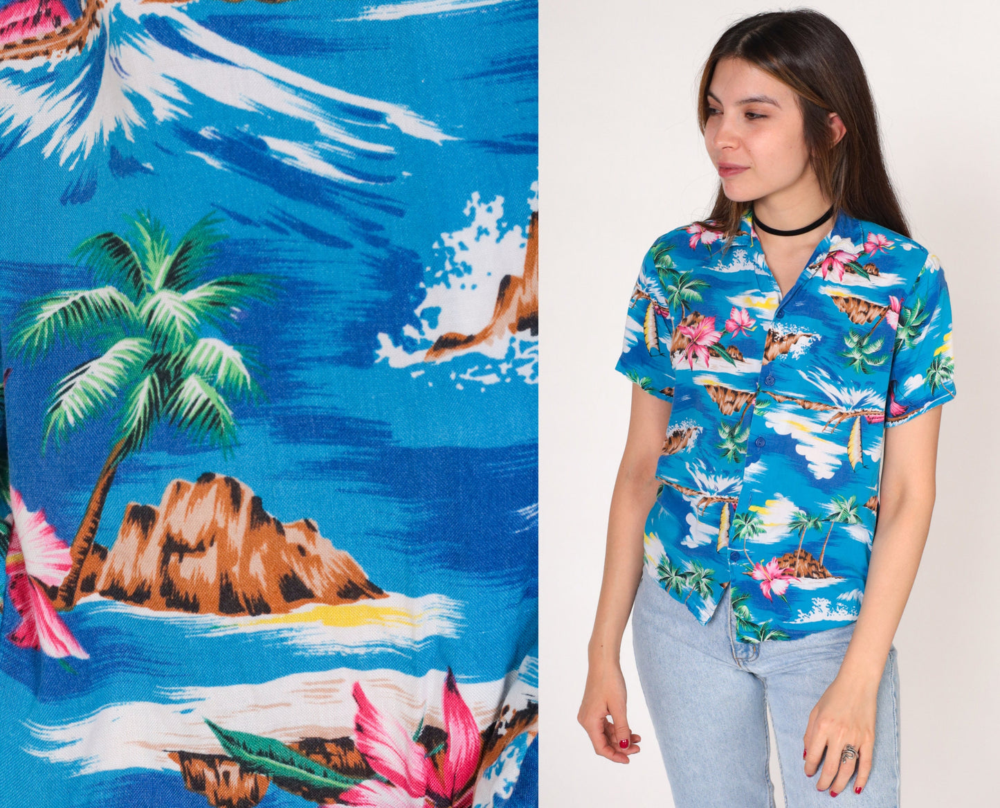 90s Blue Tropical Hawaiian Shirt Button-Up Blouse Floral Print Extra Small