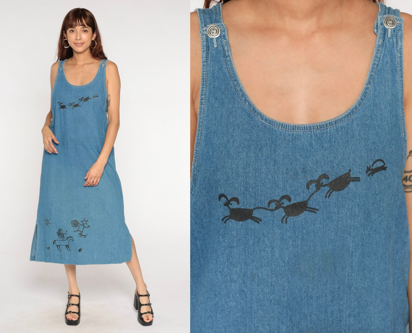 90s Boston Classics Denim Midi Dress Petroglyph Print Blue Large L