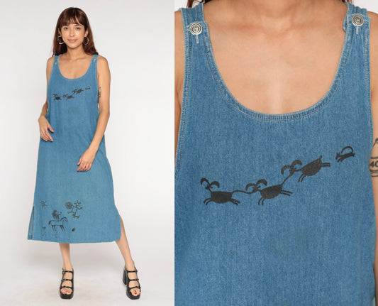 90s Boston Classics Denim Midi Dress Petroglyph Print Blue Large L