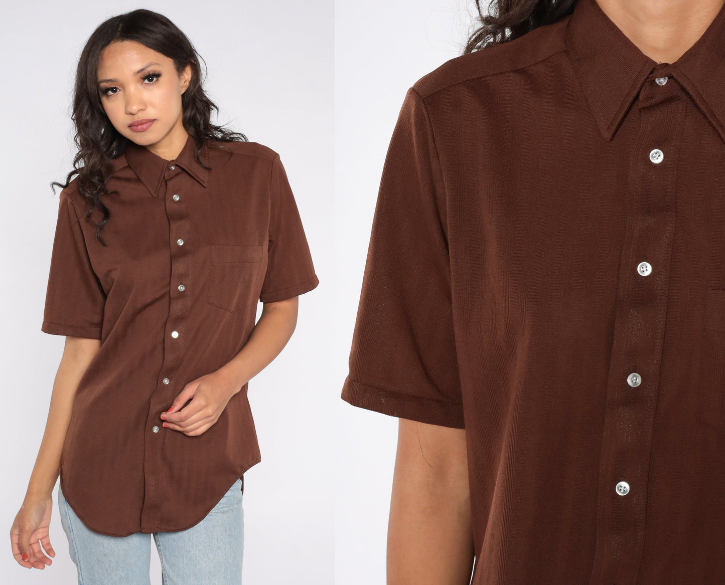 70s Di Lorenzo Brown Striped Button Up Shirt Short Sleeve Men's Medium
