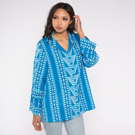 90s Bob Mackie Geometric Print Button-Up Blouse Blue Large