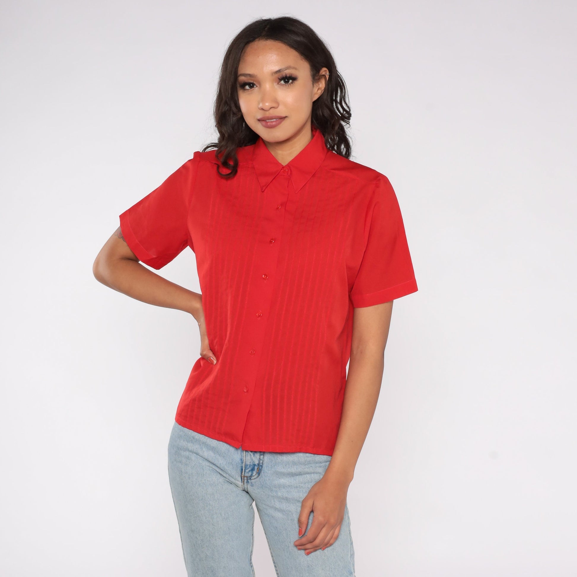 80s Judy Bond Red Button-Up Blouse Pleated Chest Short Sleeve Small S