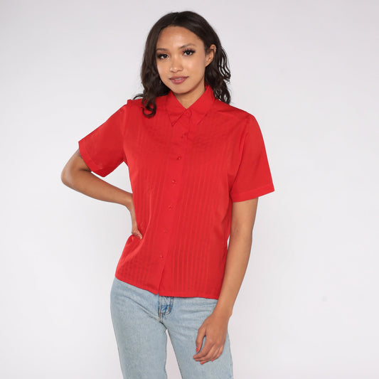 80s Judy Bond Red Button-Up Blouse Pleated Chest Short Sleeve Small S