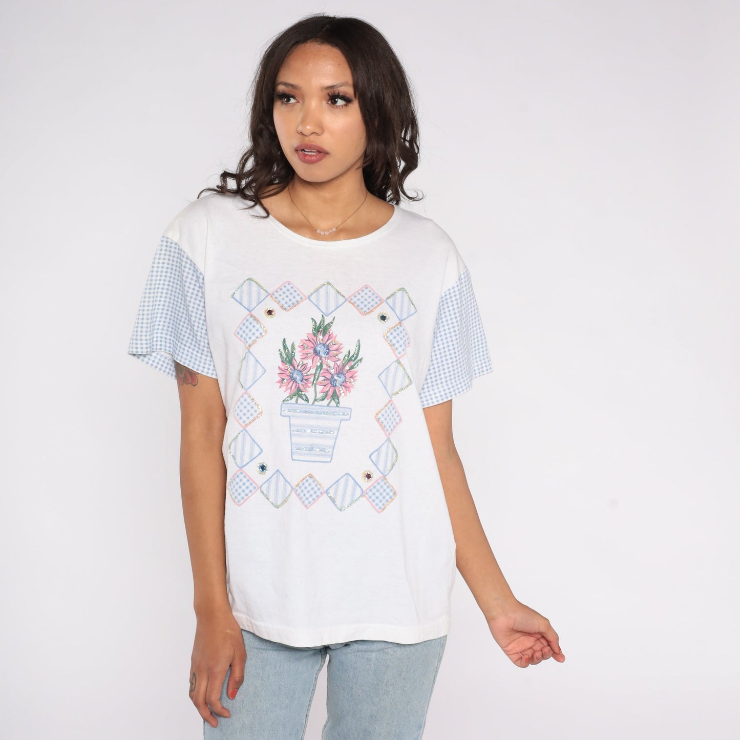 90s Floral Beaded T-Shirt White Glitter Graphic Tee Rhinestone Medium