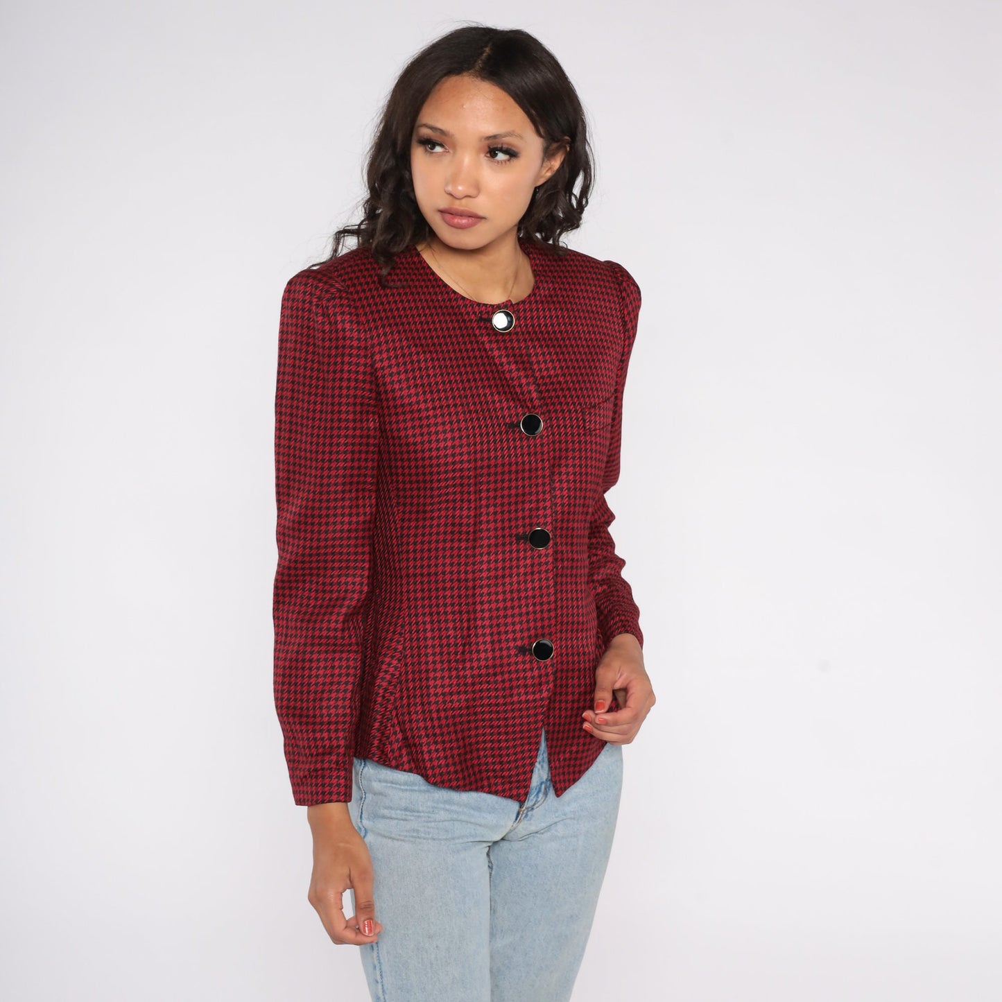 80s Worthington Red Black Houndstooth Blazer Puff Sleeve Tailored Medium
