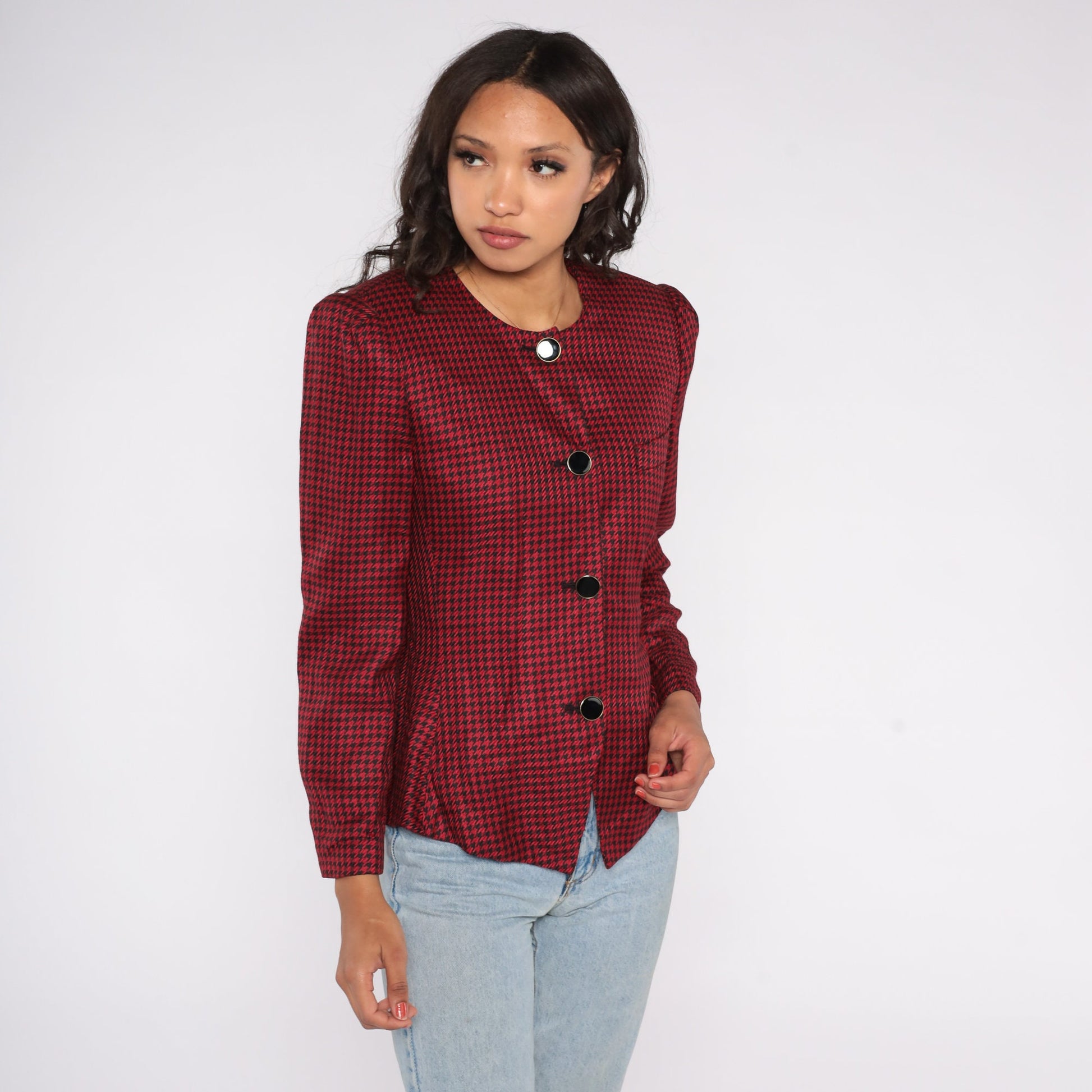 80s Worthington Red Black Houndstooth Blazer Puff Sleeve Tailored Medium