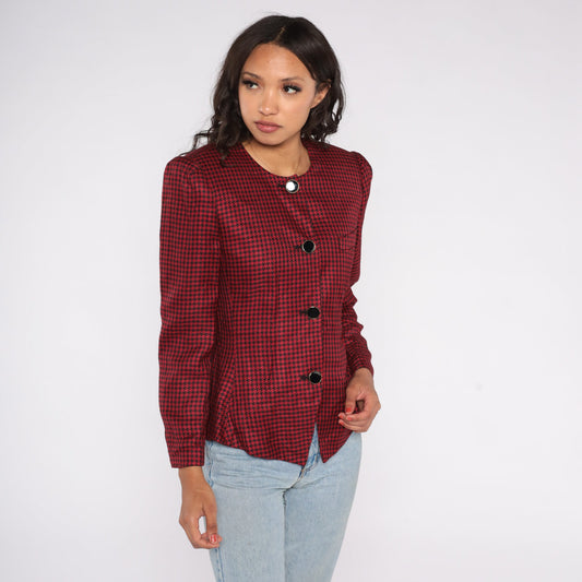80s Worthington Red Black Houndstooth Blazer Puff Sleeve Tailored Medium