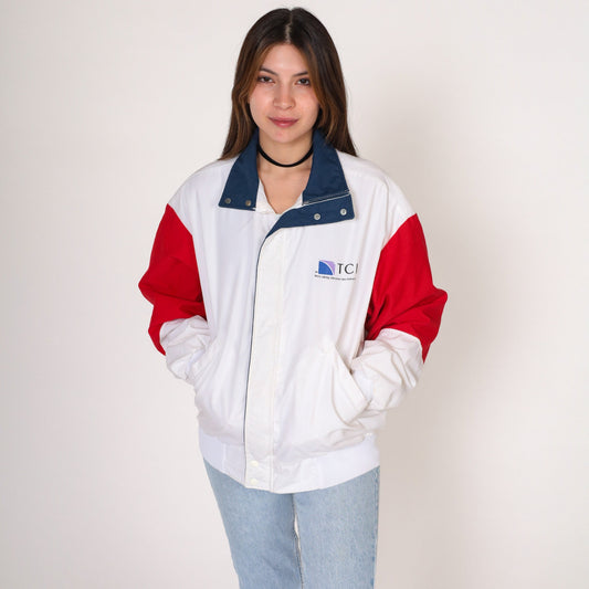 80s TCI Cable Television Windbreaker Jacket White Red Blue Medium