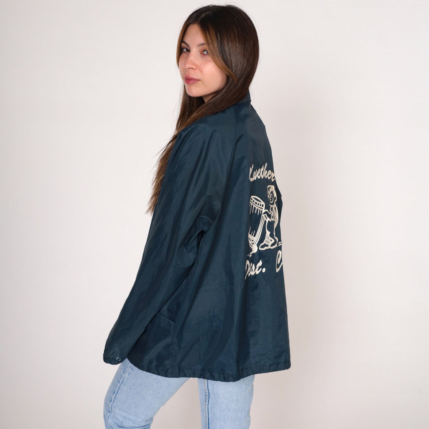 80s Kuether Distributing Co Windbreaker Jacket Navy Nylon Snap Raglan Large L