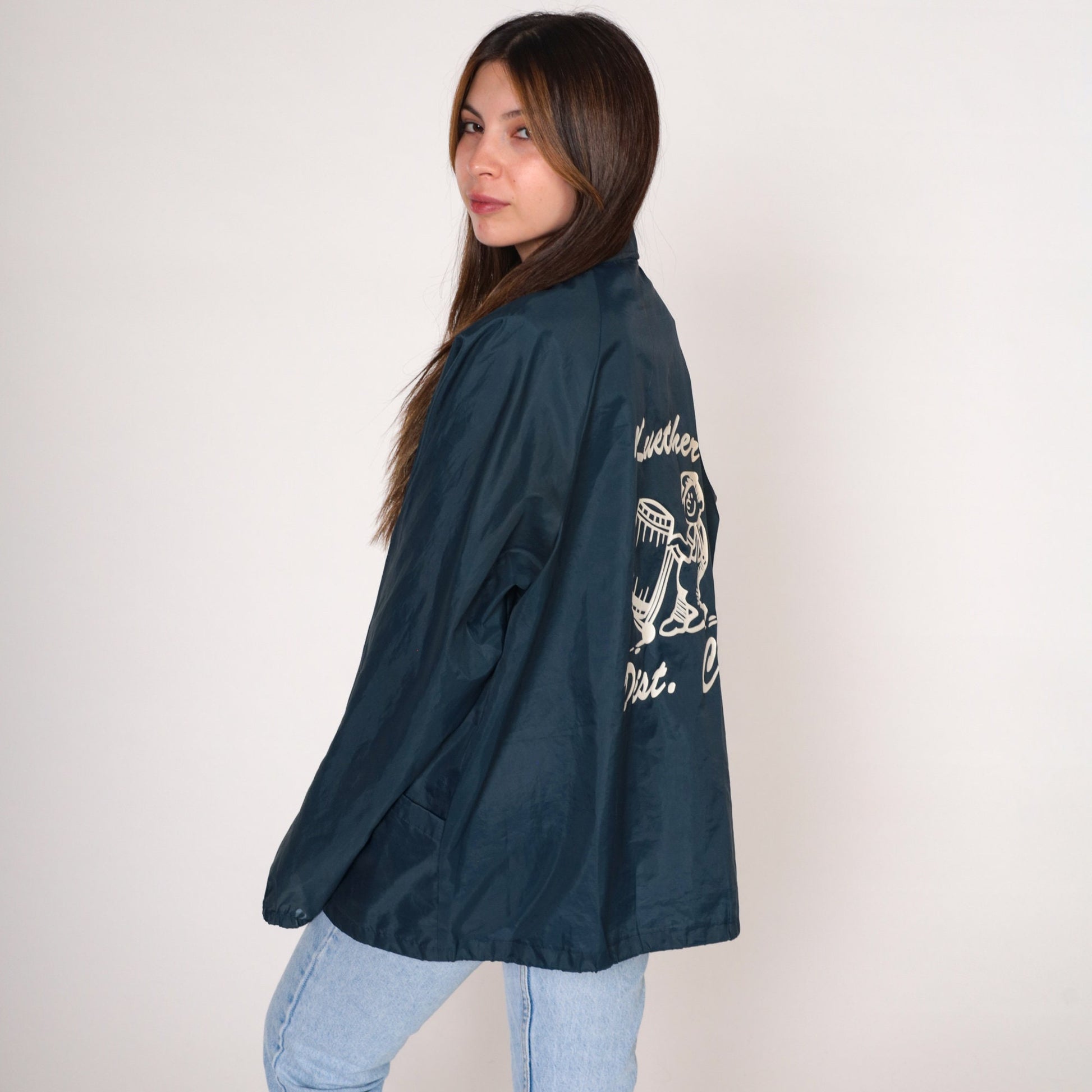 80s Kuether Distributing Co Windbreaker Jacket Navy Nylon Snap Raglan Large L