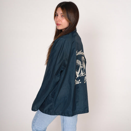 80s Kuether Distributing Co Windbreaker Jacket Navy Nylon Snap Raglan Large L
