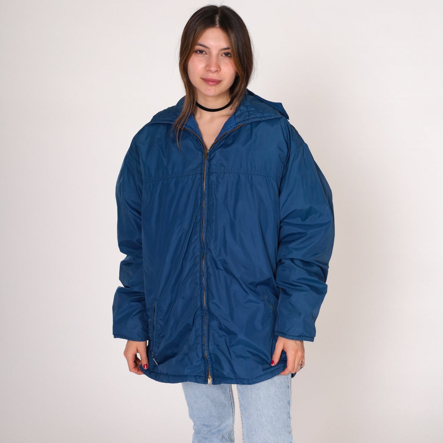 80s Tempco Blue Down Puffer Ski Jacket Hooded Zip Nylon Large L