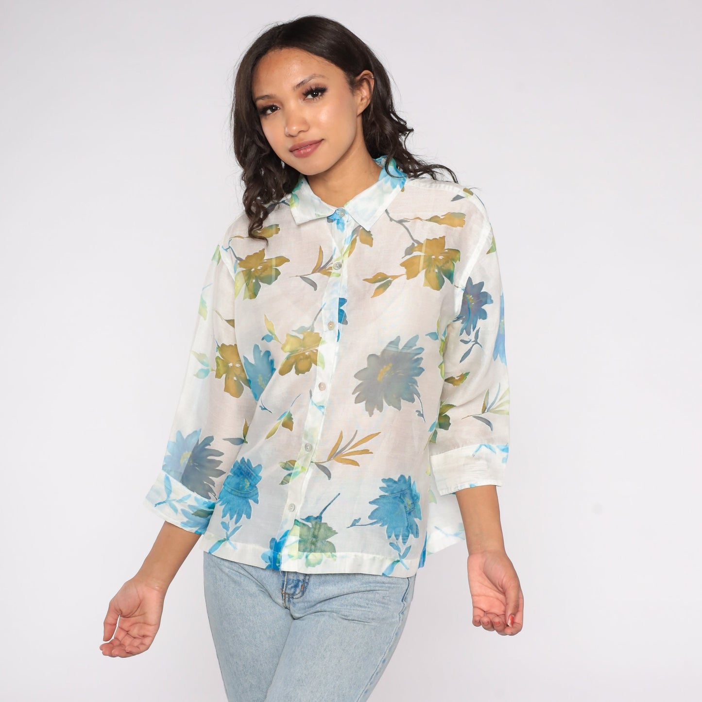 Y2K Sheer Floral White Button-Up Blouse Long Sleeve Collar Extra Large