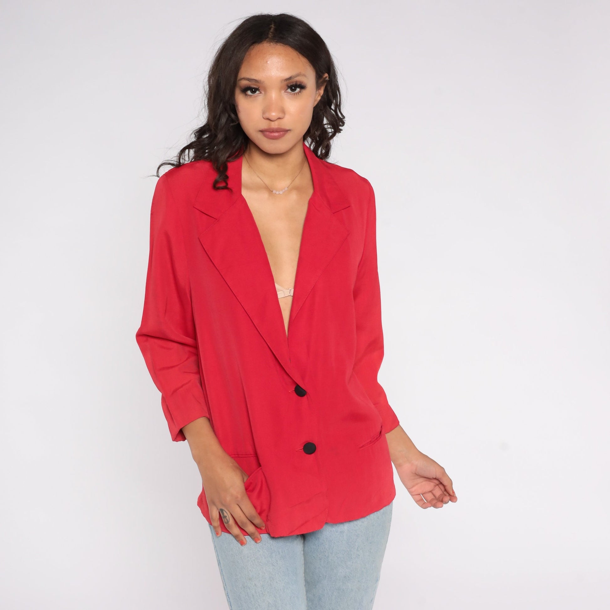 90s Casa Blanca Red Blazer Two Button Deep V Neckline Small 6