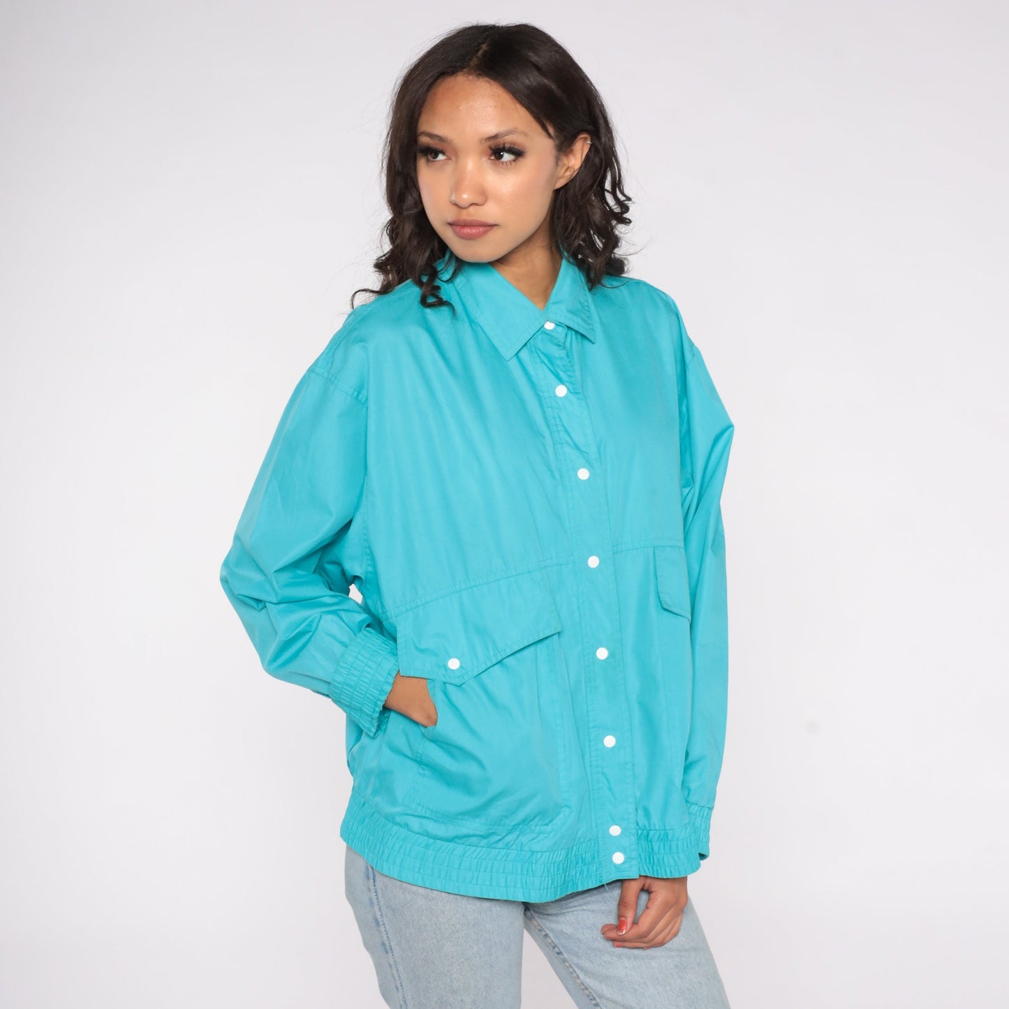 80s Koret Windbreaker Jacket Turquoise Blue Snap Button Large