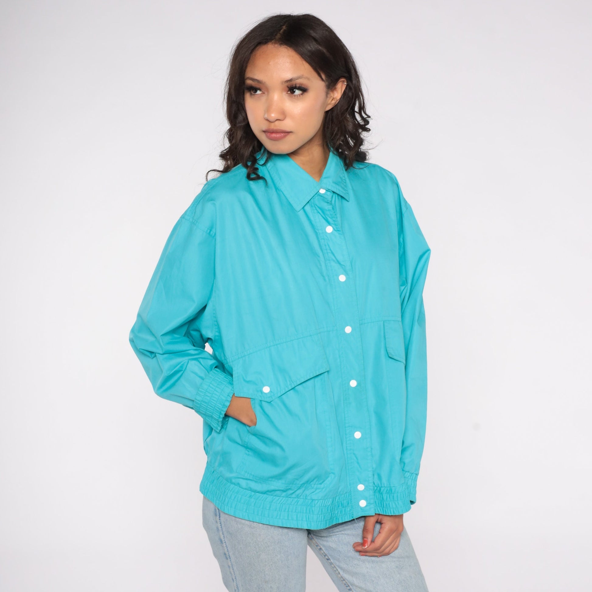 80s Koret Windbreaker Jacket Turquoise Blue Snap Button Large