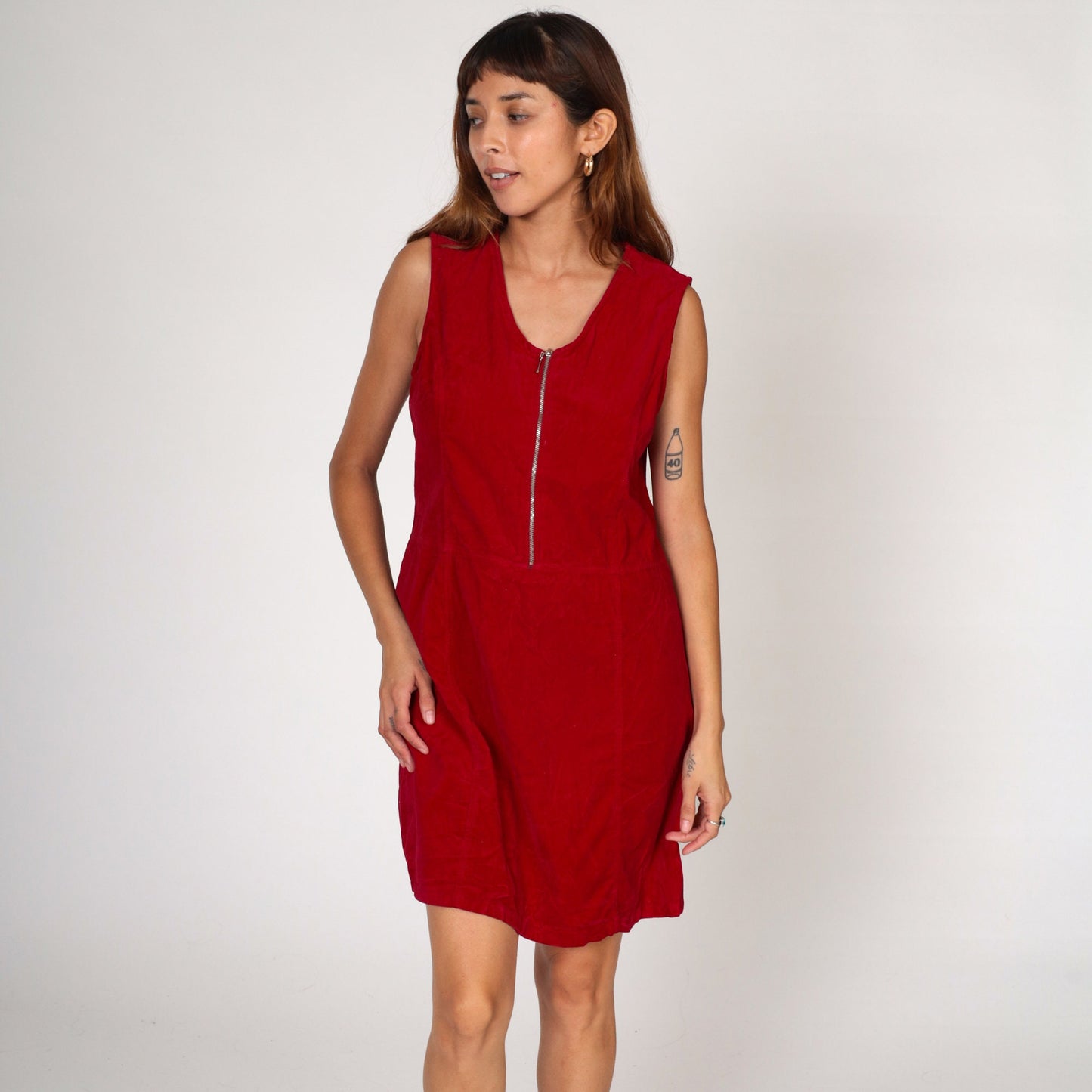 00s Faded Glory Velvet Jumper Dress Red Mini Shift Zip Front Large L