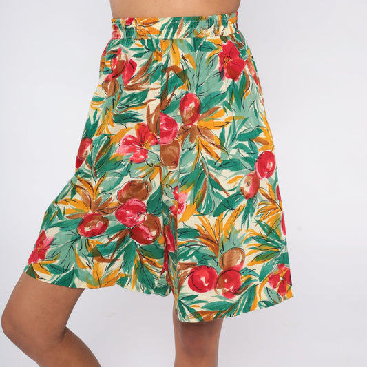 90s Fruit Floral Print Pleated Shorts High Waist Wide Leg Small S