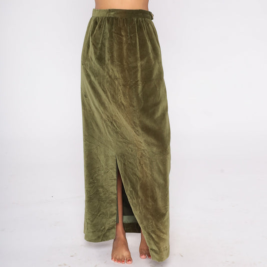 80s Green Velvet Maxi Skirt High Waist Front Slit Small