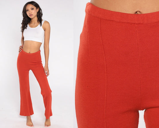 70s Sebastian Wool Bell Bottom Trousers Red-Orange High Waist Extra Small