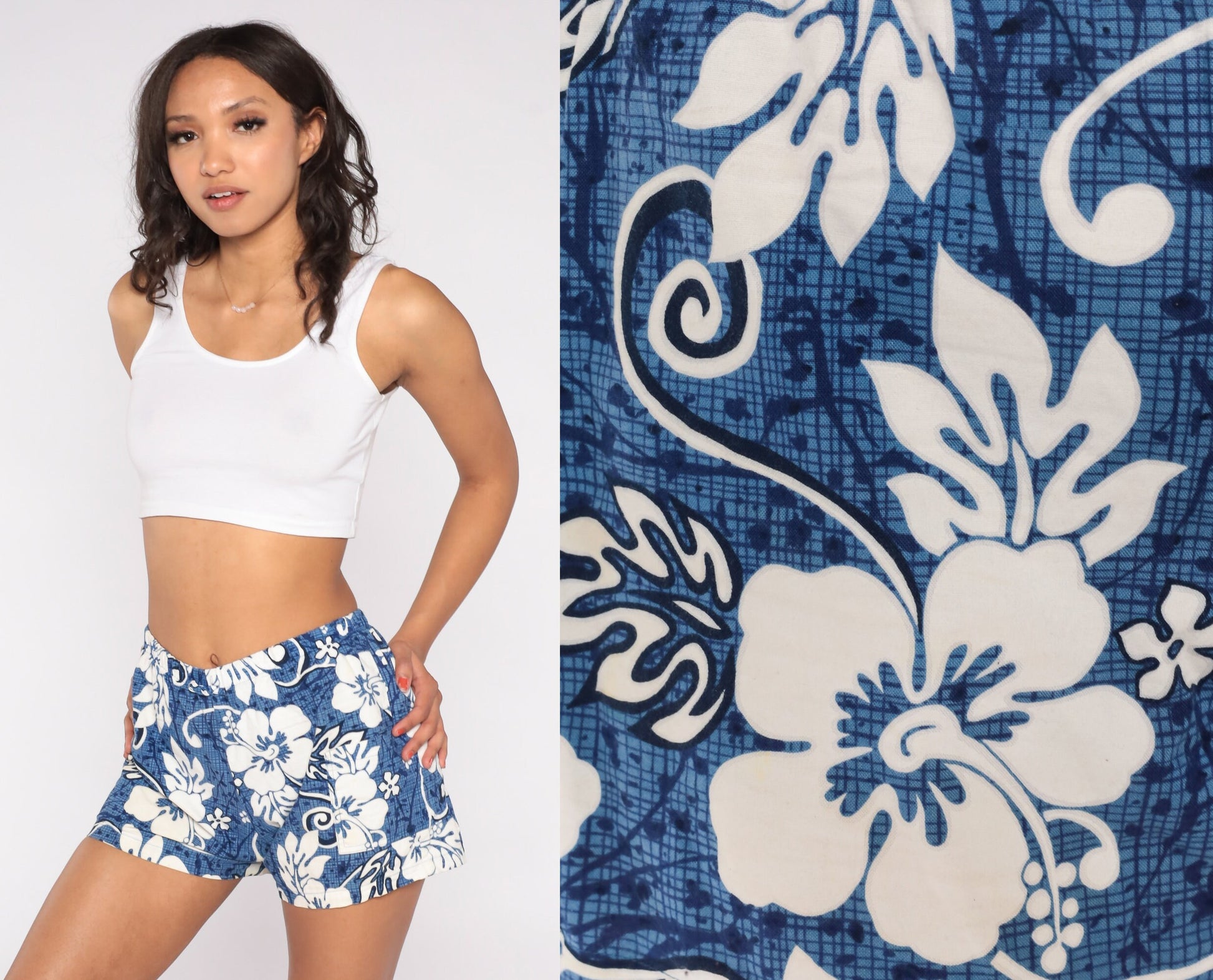 90s Hawaiian Floral Shorts Blue Hibiscus High Waist Cotton Small