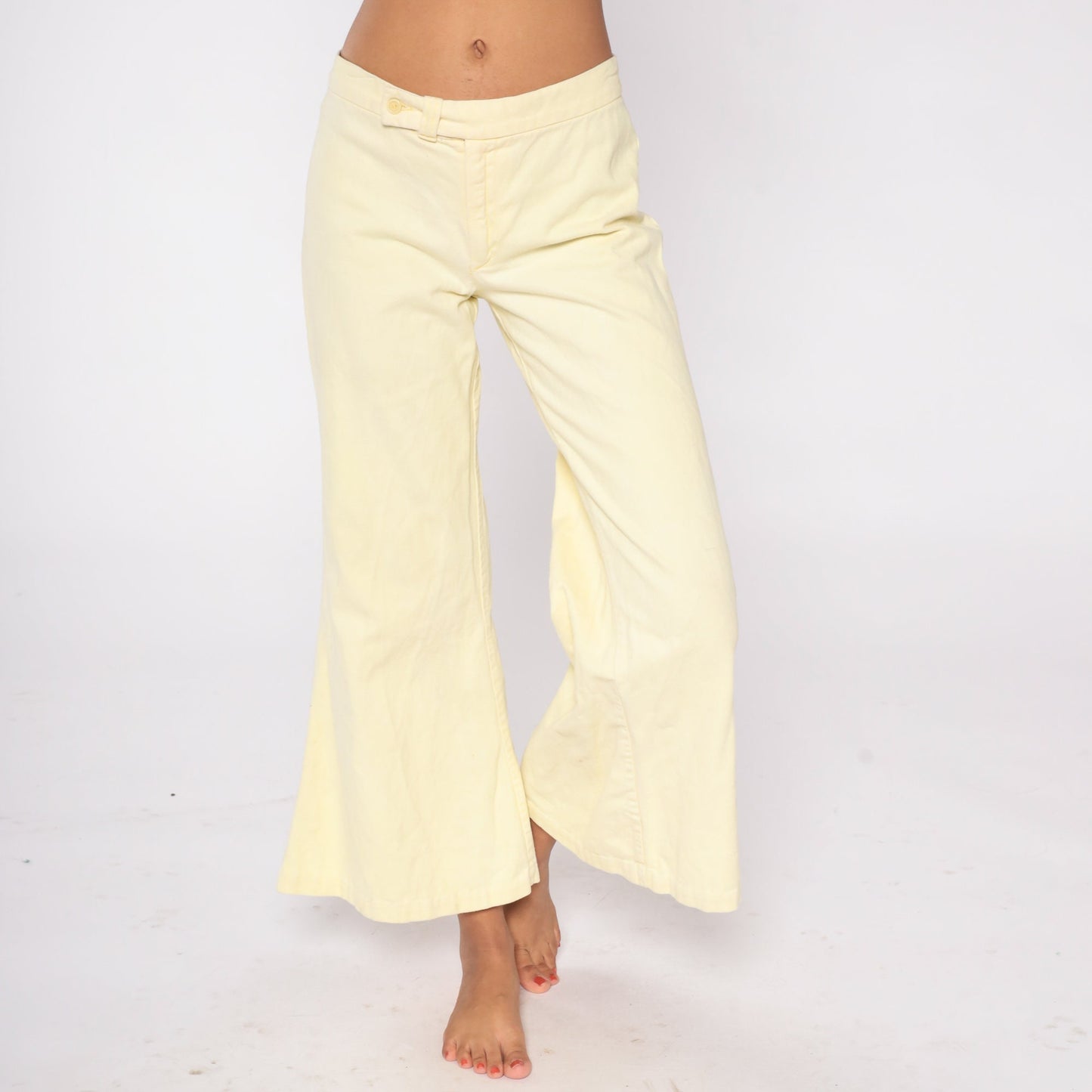 70s Pale Yellow Bell Bottom Flare Pants Low Rise Cotton Extra Small