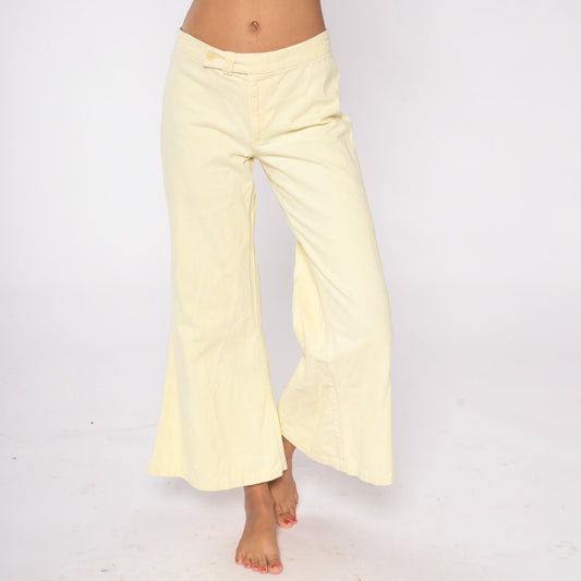 70s Pale Yellow Bell Bottom Flare Pants Low Rise Cotton Extra Small