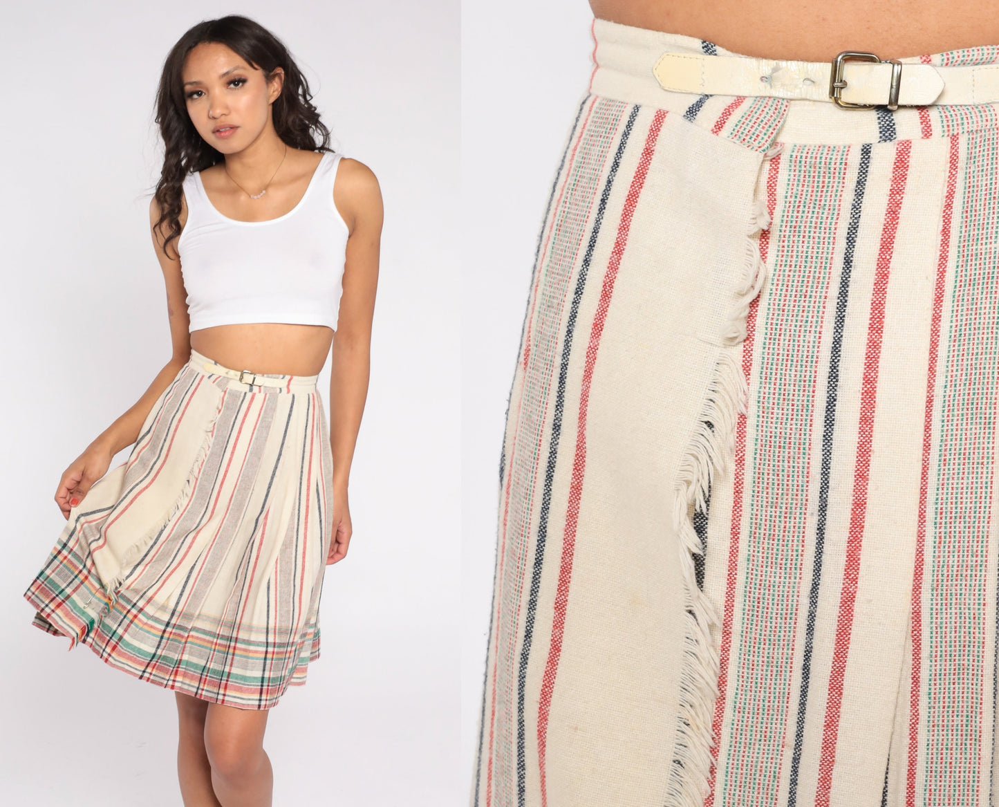 80s Plaid Wool Blend Mini Skirt High Waisted Buckle Strap Pleated XS