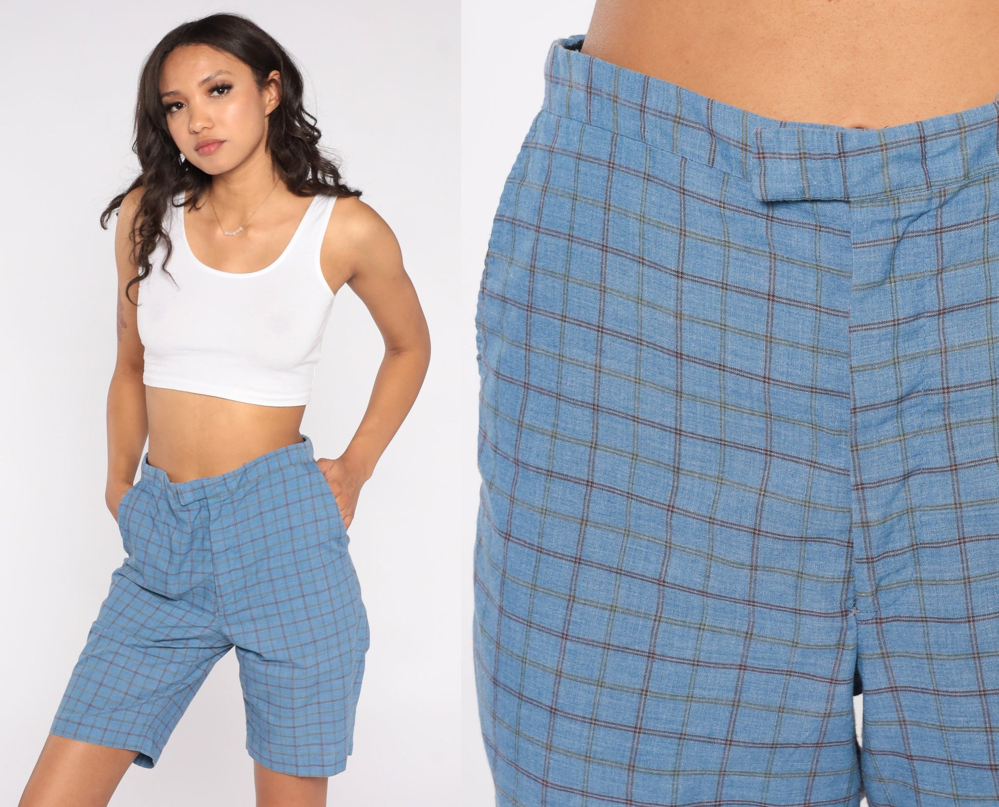70s Blue Checkered Bermuda Shorts Knee Length Mid Rise Small