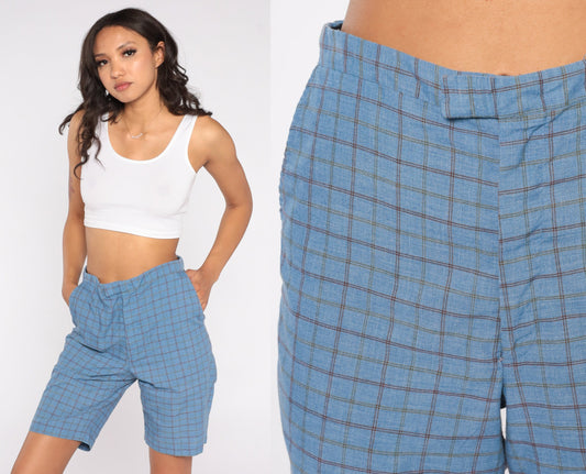 70s Blue Checkered Bermuda Shorts Knee Length Mid Rise Small