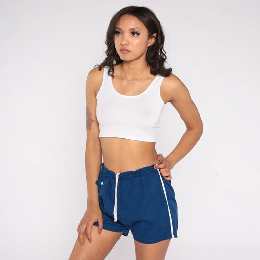 80s Blue Cotton Running Shorts High Rise Drawstring Waist Medium