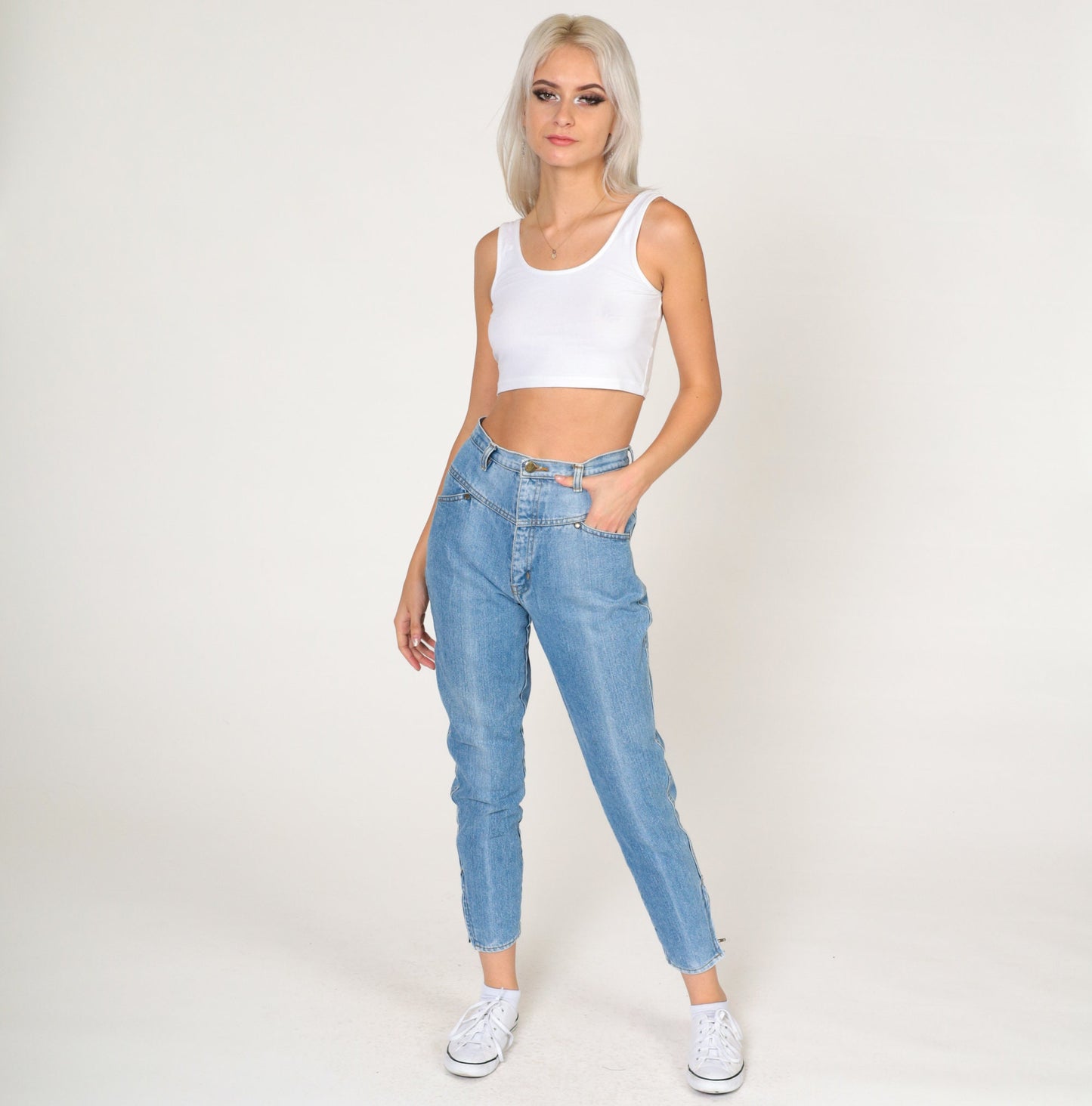 80s High-Waisted Skinny Jeans Ankle Zipper Faded Blue Denim Extra Small