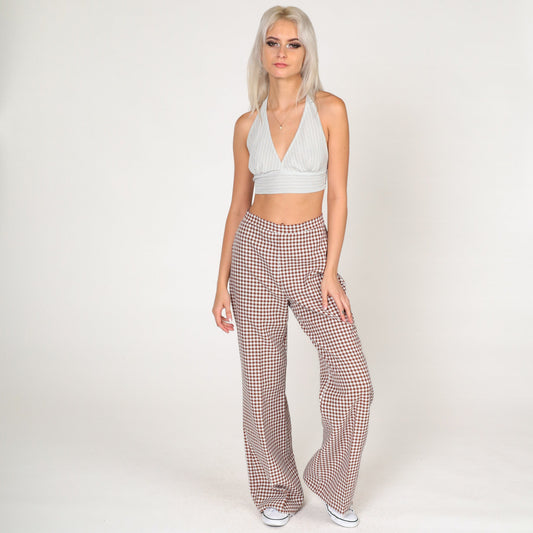70s Gingham Bell Bottom Pants Brown White High Rise Flared Trousers Small
