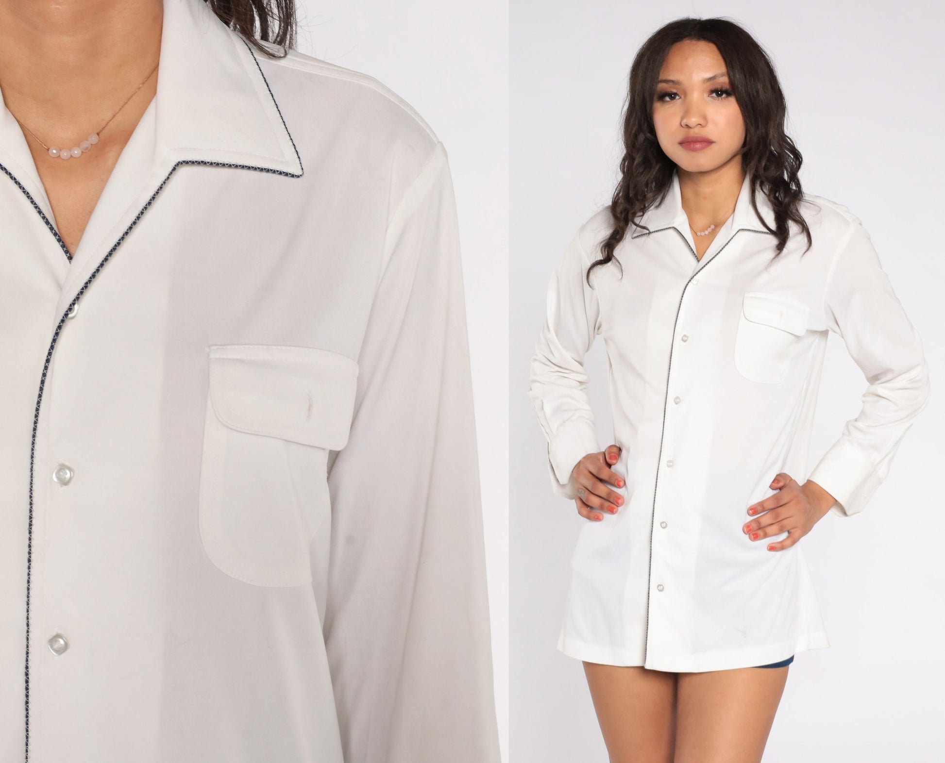 70s Da Vinci White Button Up Shirt Black Trim Chest Pocket Medium