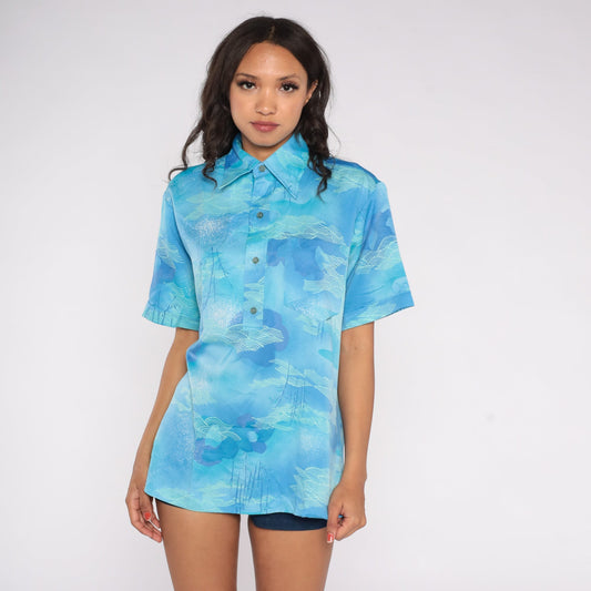 70s Lehua Hawaii Polo Shirt Blue Abstract Cloud Wave Print Medium M