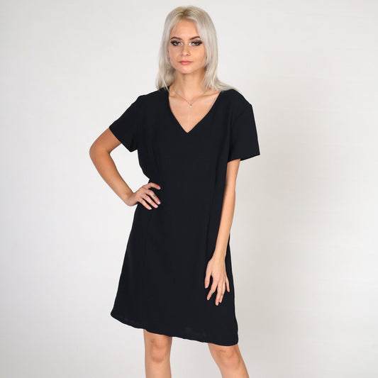 90s Black Mini Dress Sheath Cut Short Sleeve Petite 14