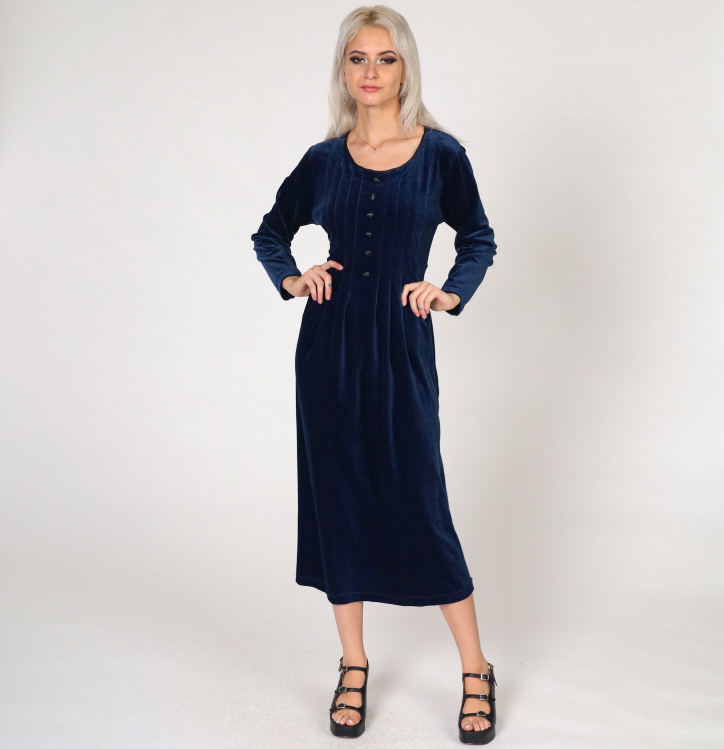 90s Blue Velvet Midi Dress Long Sleeve Button Front Shift Petite Medium