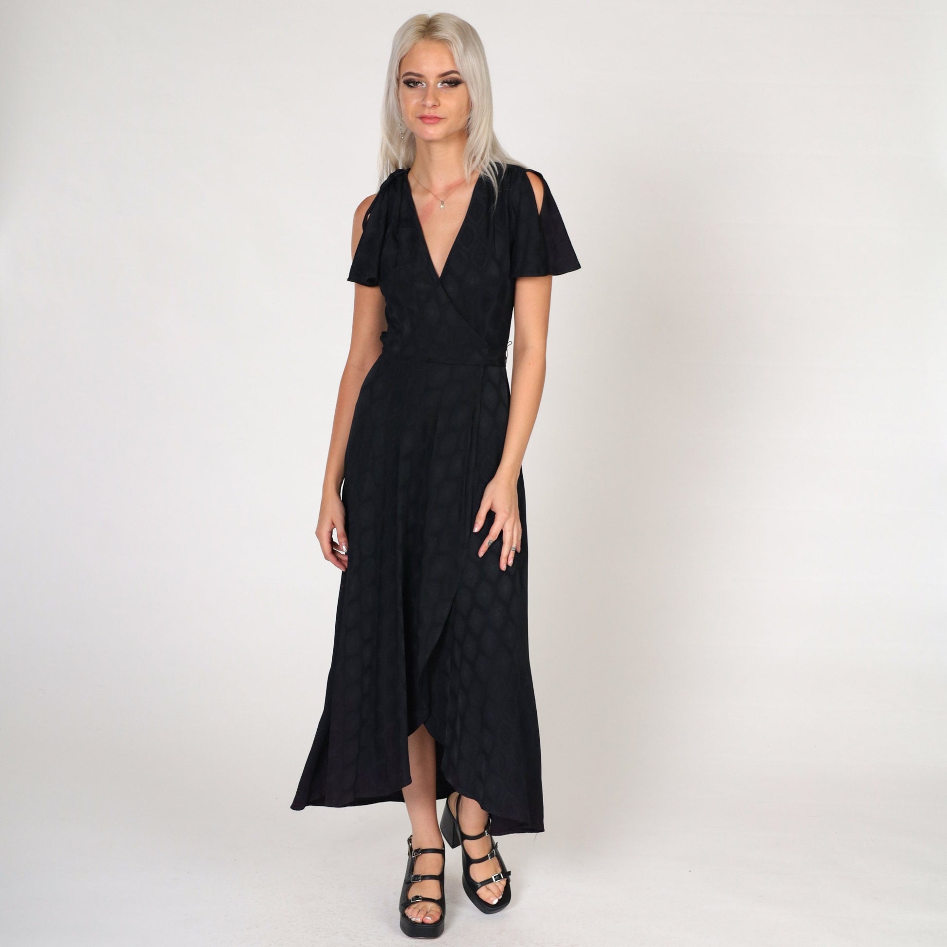 70s Black Grecian Maxi Dress Flutter Sleeve Wrap Deep V Embossed Geometric Extra Small