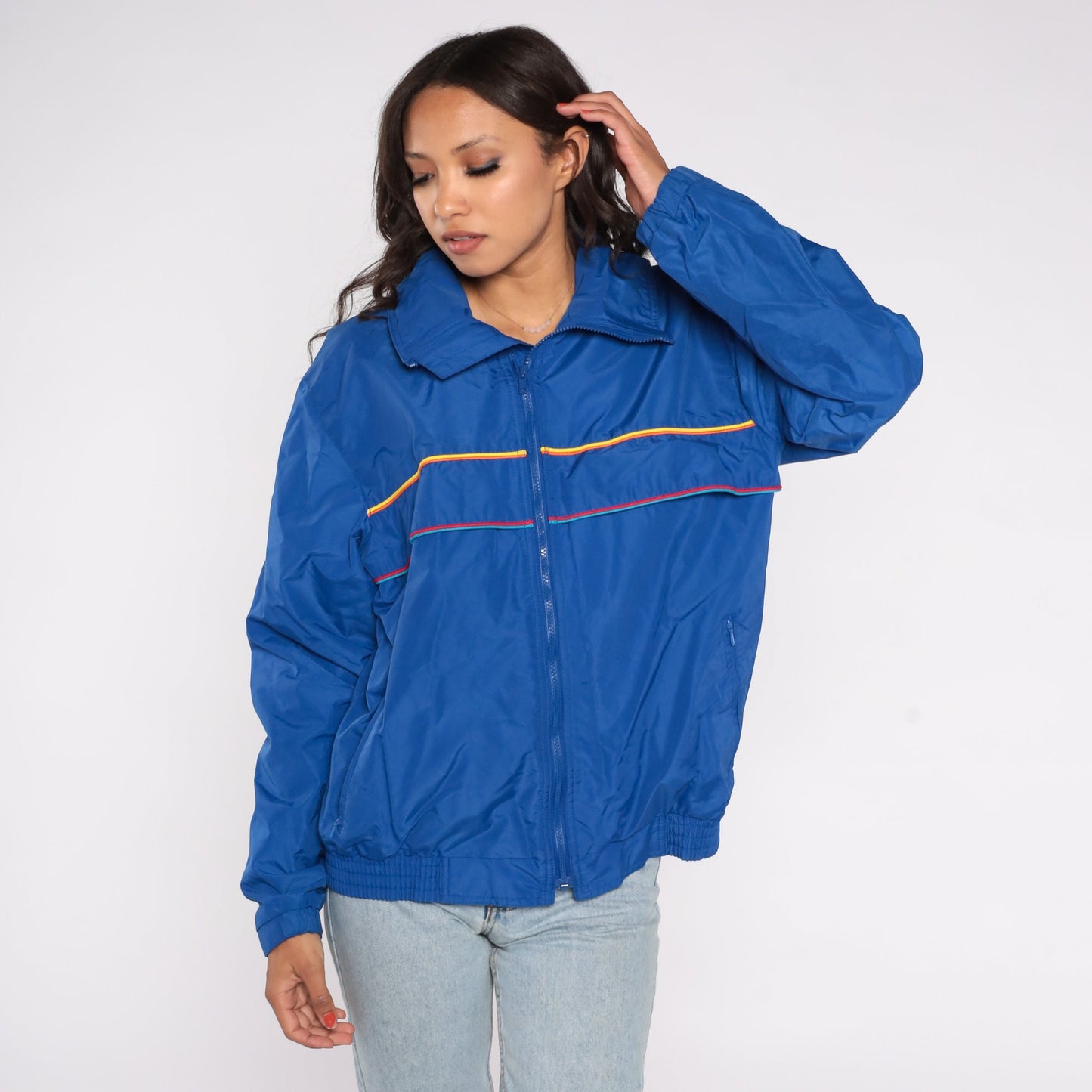 90s Blue Striped Windbreaker Jacket Zip Up Nylon Warmup Large
