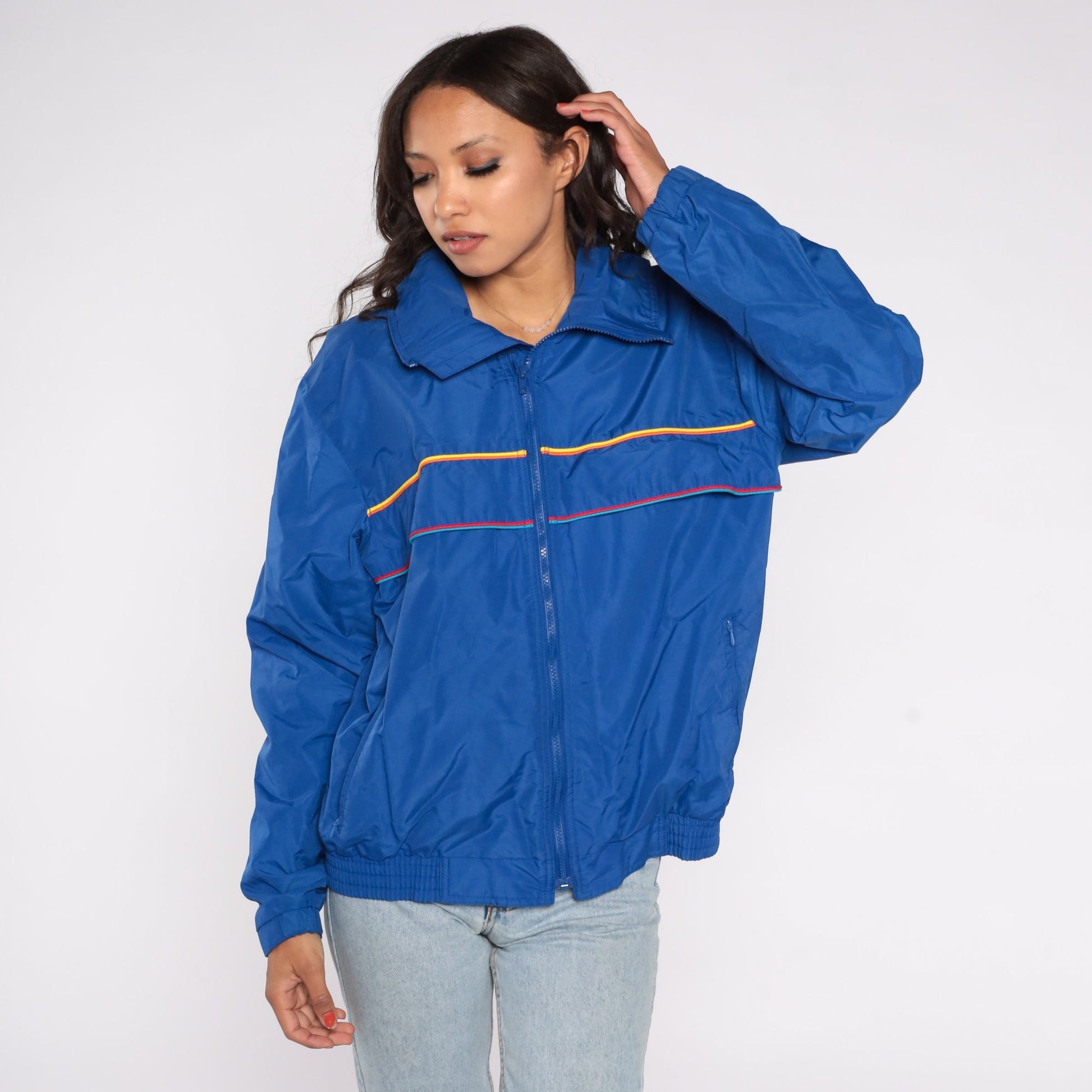 90s Blue Striped Windbreaker Jacket Zip Up Nylon Warmup Large