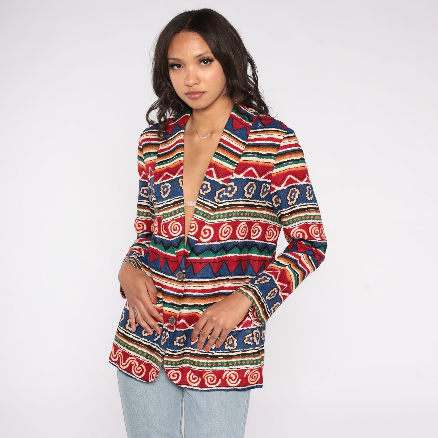 90s Southwestern Striped Blazer Red Blue Geometric Jacket Petite 8
