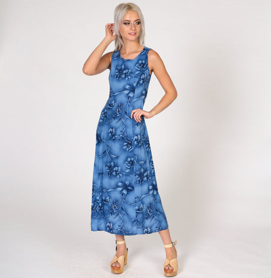 90s Blue Floral Sheath Dress Sleeveless Ankle Length Extra Small