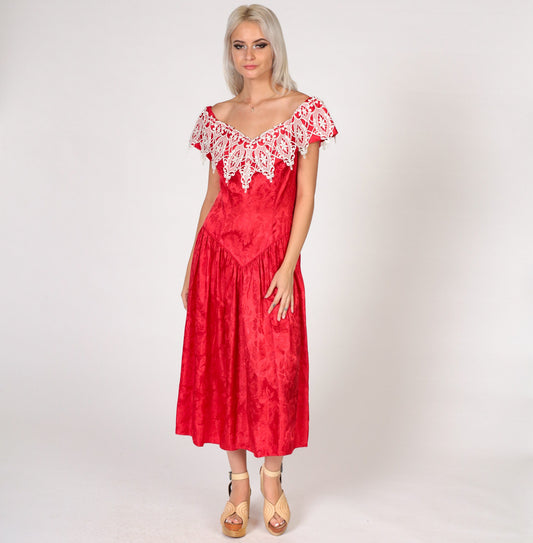 80s Red Floral Embossed Off-Shoulder Dress White Lace Basque Waist Midi Medium