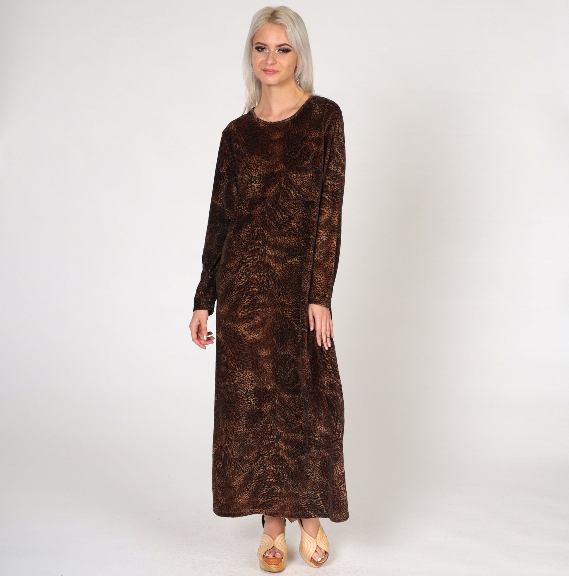 Y2K Jones New York Leopard Print Velour Midi Dress Long Sleeve Large