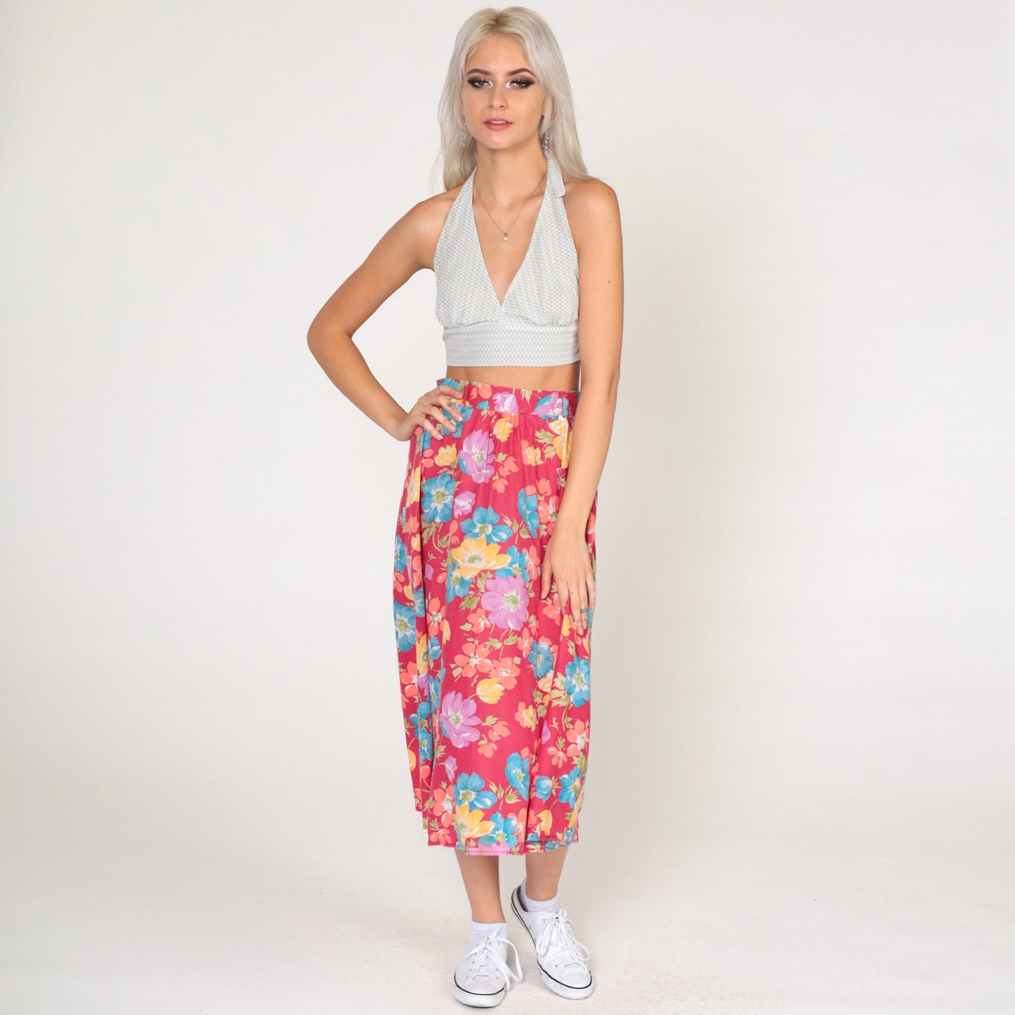 80s Byer California Floral Midi Skirt Red High-Waist Cotton Blend Extra Small