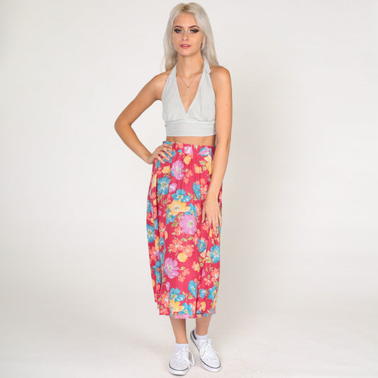 80s Byer California Floral Midi Skirt Red High-Waist Cotton Blend Extra Small